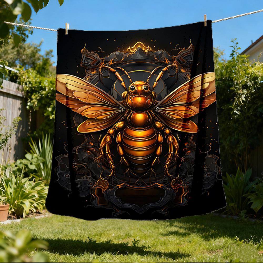 1pc Golden Bee Emblem Throw Blanket Polyester Fiber, Lightweight Flannel, Soft & Warm, All Season Use for Outdoor, Camping Digital Print