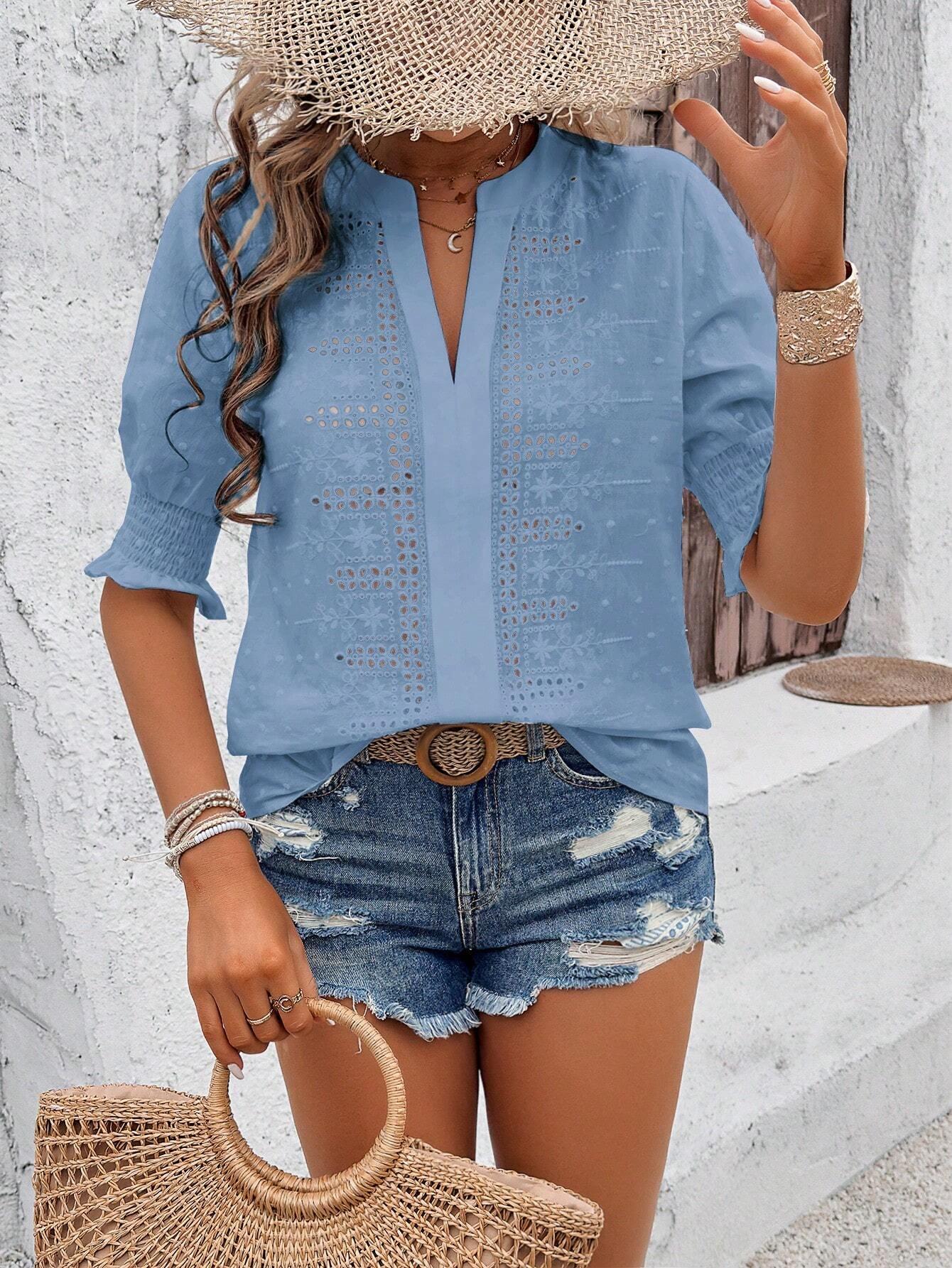 

V-Neck Puff Sleeve Tassel Lace Hollow-Out Mid-Sleeve T-shirt XX-Large королівський синій колір
