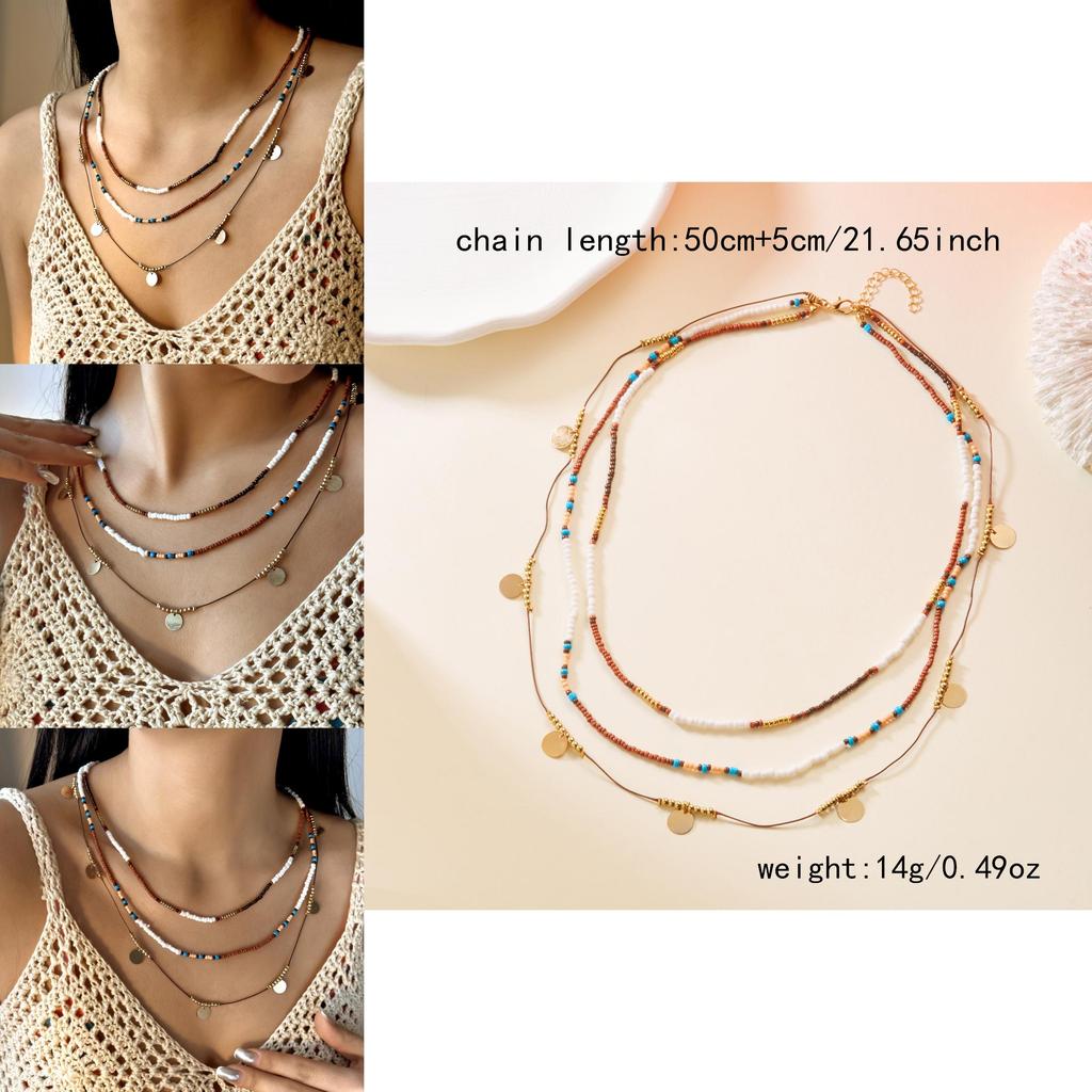 Bohemian Style Multilayer Beaded Necklace With Geometric Elements For Women