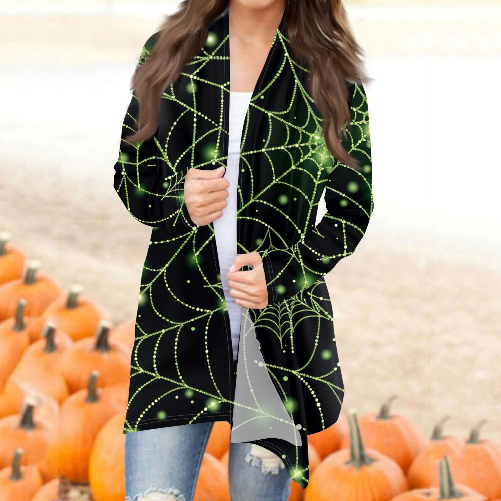 

Женская модная повседневная куртка-кардиган средней длины с принтом на Хэллоуин и нерегулярным подолом XL зелёный