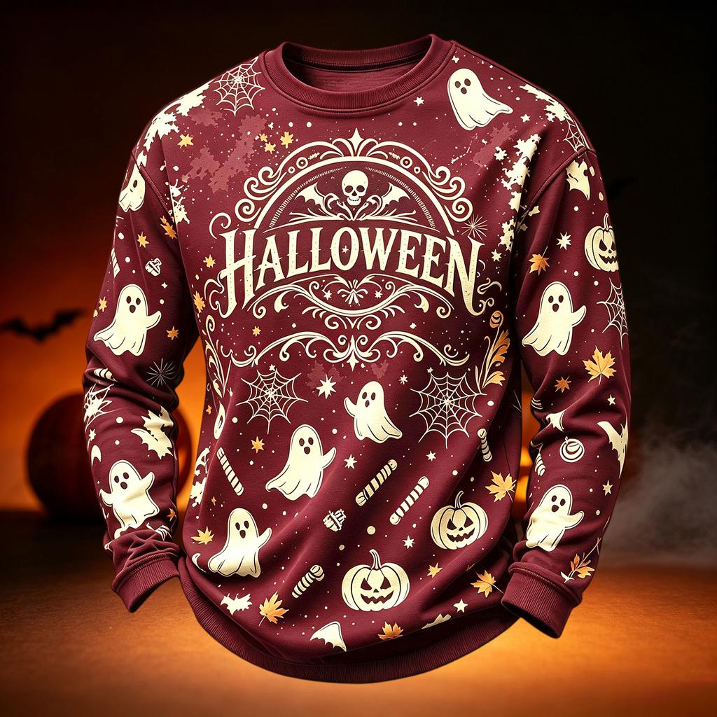 Men's Casual Round Neck Long Sleeve Top with Halloween Print