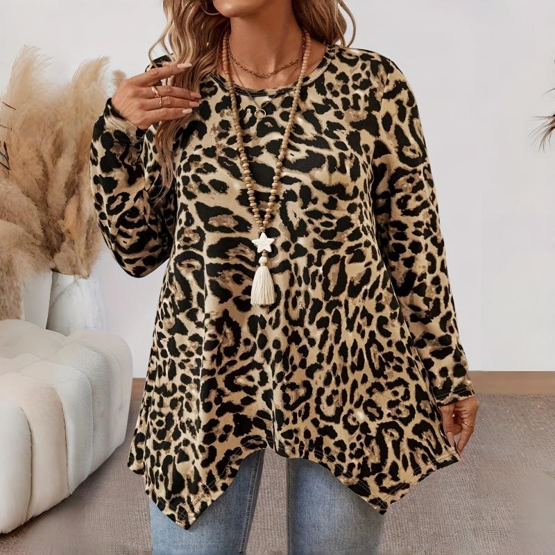 Damen Tunika Top mit Leopardenmuster, Rundhalsausschnitt Langarm, Unregelmäßiger Saum, Weicher Stoff, Locker Lässig Tägliche Bluse