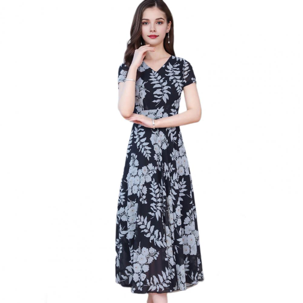 Women Midi Dress V-Neck Short Sleeve Waist Tight Flowy Hem Dress Leaf Printed Office Dress Leisure Party Wear