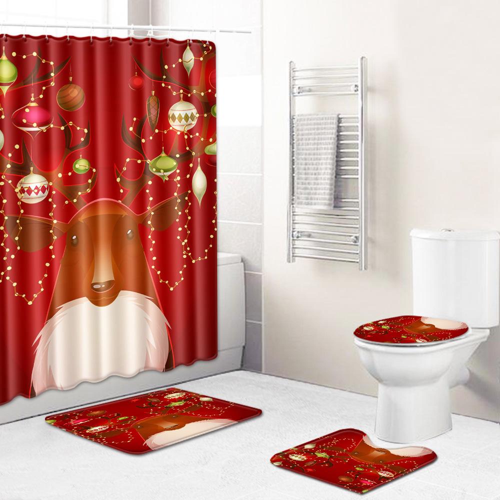Christmas Shower Curtain Floor Mat Combination Four-Piece Set Bathroom Toilet Carpet Shower Room Mat Foot Mat