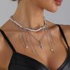 Stylish Faux Pearls Dangle Tassels Necklace Crucifix Pendant Trendy Clavicle Chain Accessory For Casual or Formal Outfits