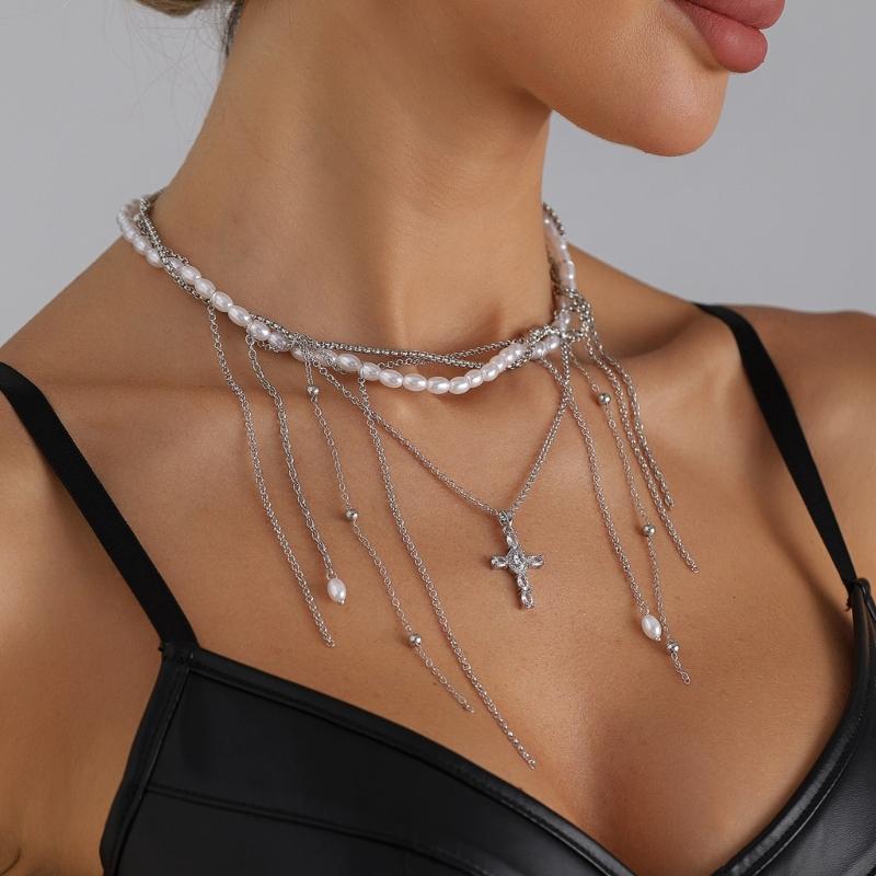 Stylish Faux Pearls Dangle Tassels Necklace Crucifix Pendant Trendy Clavicle Chain Accessory For Casual or Formal Outfits