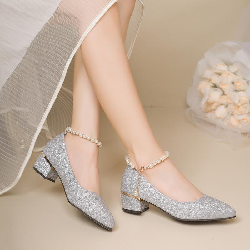 Fashion Women Wedding High Heel Shoes Silver Gold 2025 Spring Ankle Strap Crystal Shallow Chunky Block Heel Pumps Lady Plus Size