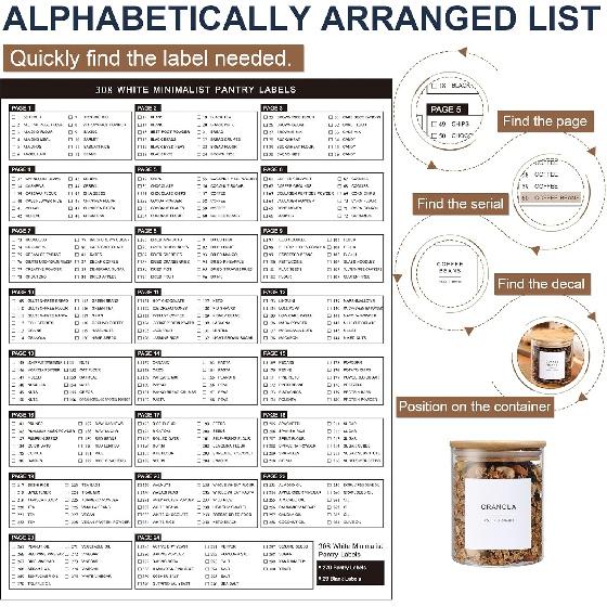 308 Kitchen Pantry Labels for Food Containers, 3 Sizes White Minimalist Labels for Organizing, Food Label for Jars, Storage Bins, Preprinted