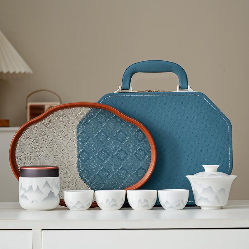 Mutton Fat Jade Ink Landscape White Porcelain Gongfu Tea Set