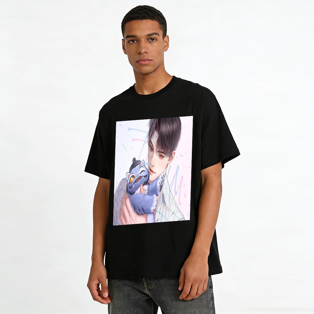 Cool Handsome Anime Boy Holding Cat Print T-Shirt Trendy Ins Style Loose Casual Unisex Top Pure cotton T-shirt