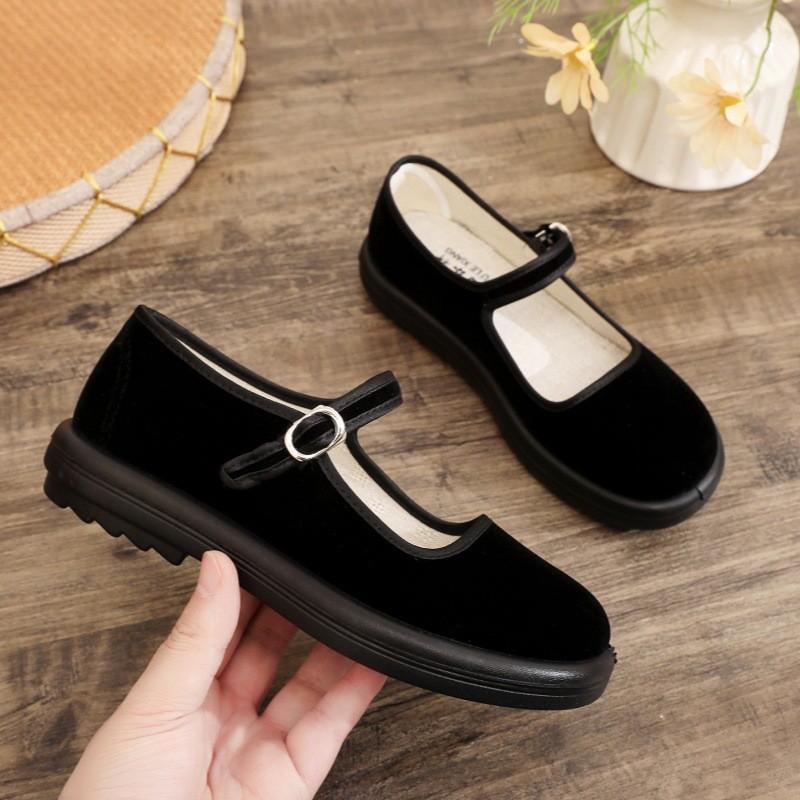 Stoffschuhe Damen weiche Sohle bequem Samt schwarz Ein-Wort-Schnalle Hotel Kellner Putztuchschuhe