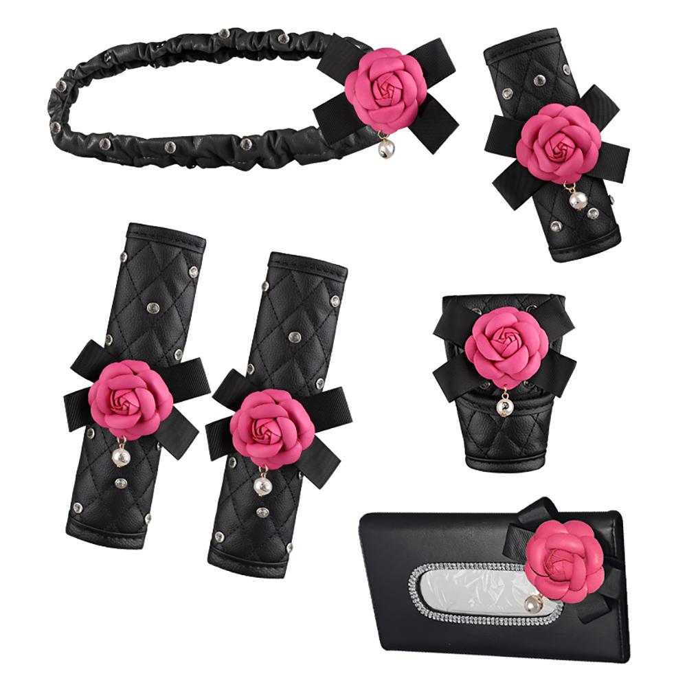6Pcs Crystal Camellia Car Accessories Set Auto Seat Belt Cover Shoulder Pad Shift Handbrake Rearview Mirror Cover Tissue Box