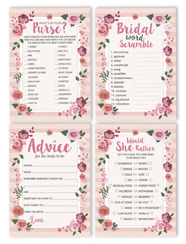 Inkdotpot Bachelorette Party Games Set Bundle Of 4(50 Sheets Each) w Miss to Mrs Gold Banner Floral Fun Bridal Shower Games