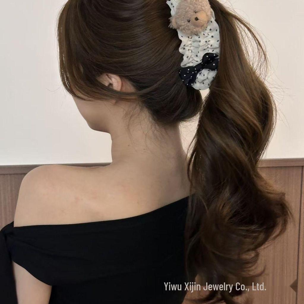 Polka Dot Banana Clip Teddy Bear with High Ponytail - Cute Autumn/Winter Academy Style