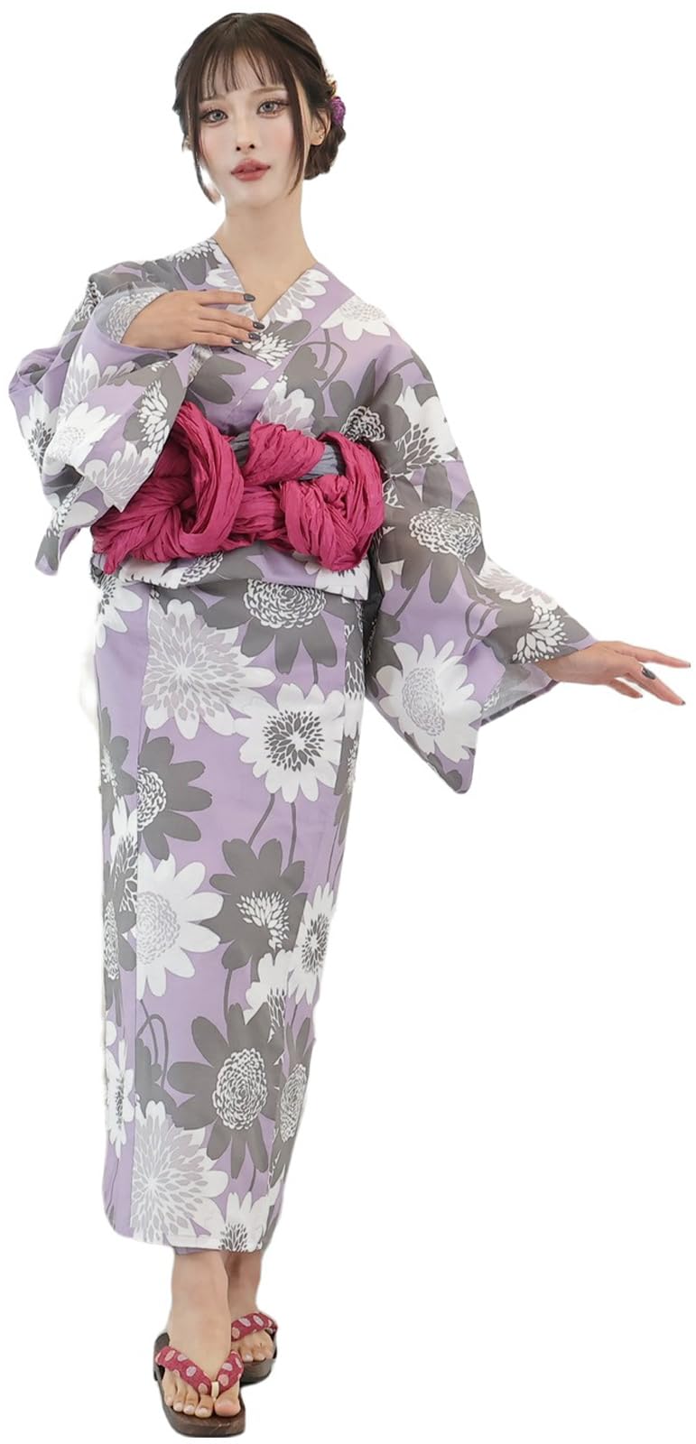 

Yukata 3 Piece Set Sun Blooming Daisy Chrysanthemum Monotone Japanese Clothes Kushyu Fluffy Heiko Obi Thong Geta Set Purple One Size Fits Most [RAVIR]