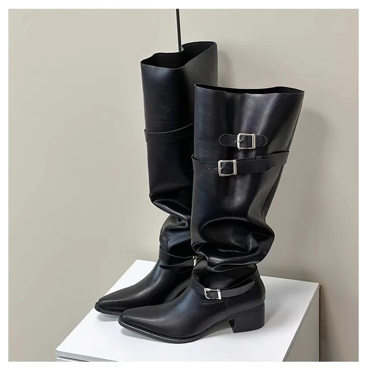 

Заостренный носок массивные высокие сапоги Desigenr высокие каблуки плиссированные кожаные туфли 2025 трендовые ботинки челси зимние новые туфли-лодочки женские ботинки 42 чёрный