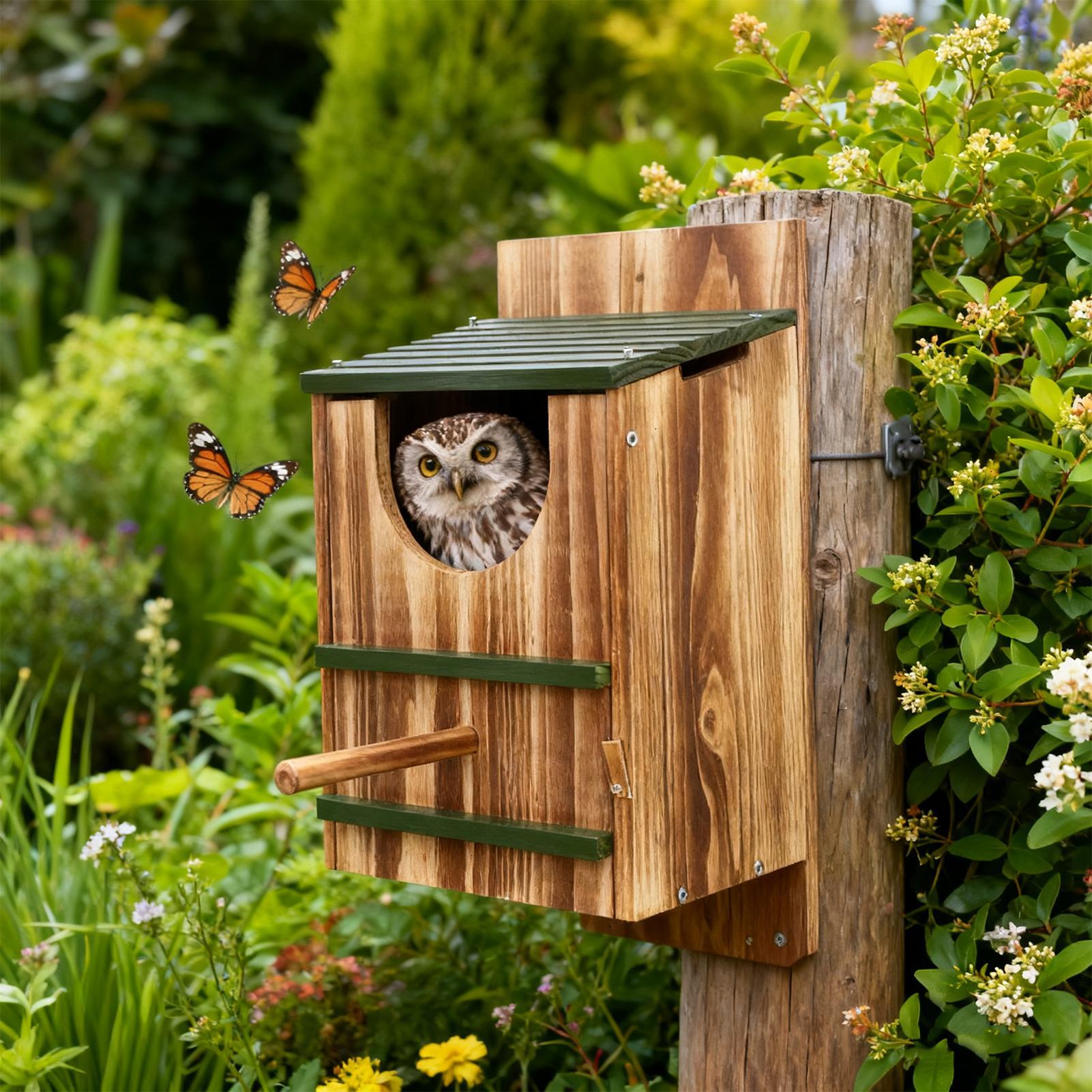 Owl Box Wooden Bird House Waterproof Carbonized Shelter for Garden Outdoor Window Squirrel Pigeon Hummingbird Nesting Home Decor