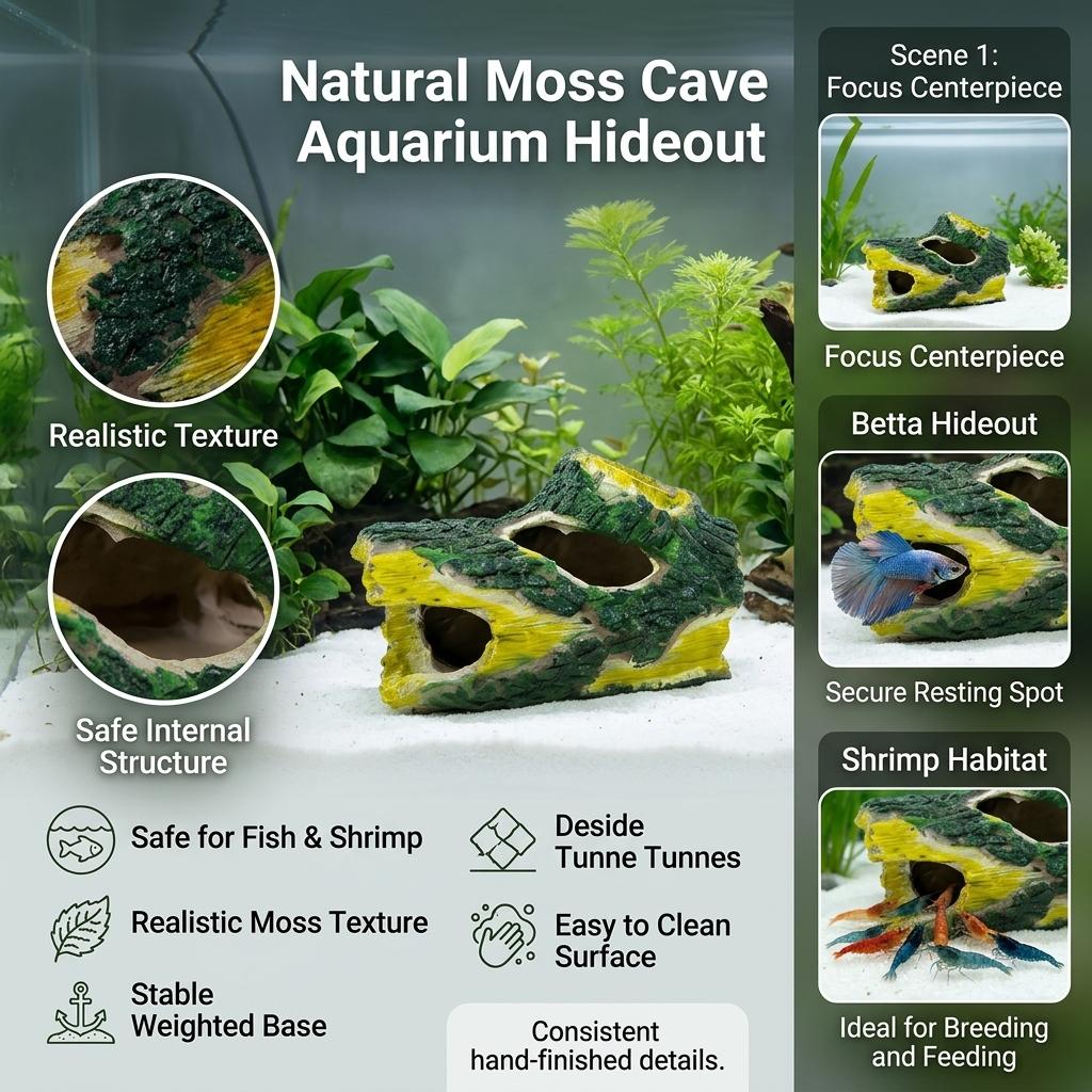 Resin Aquarium Decor Moss Cave Hideout for Small Fish and Shrimp Tunnel