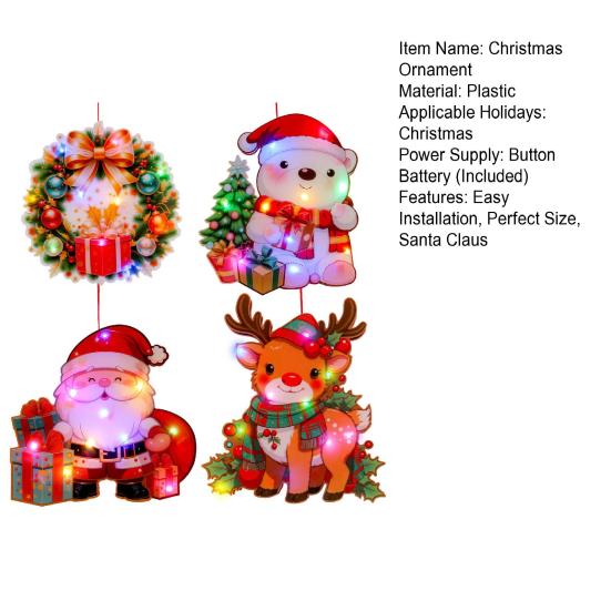 4Pcs/Set Christmas Ornament Set Santa Claus Reindeer Bear Wreath Shape Festive LED Ornament Set Holiday Decoration