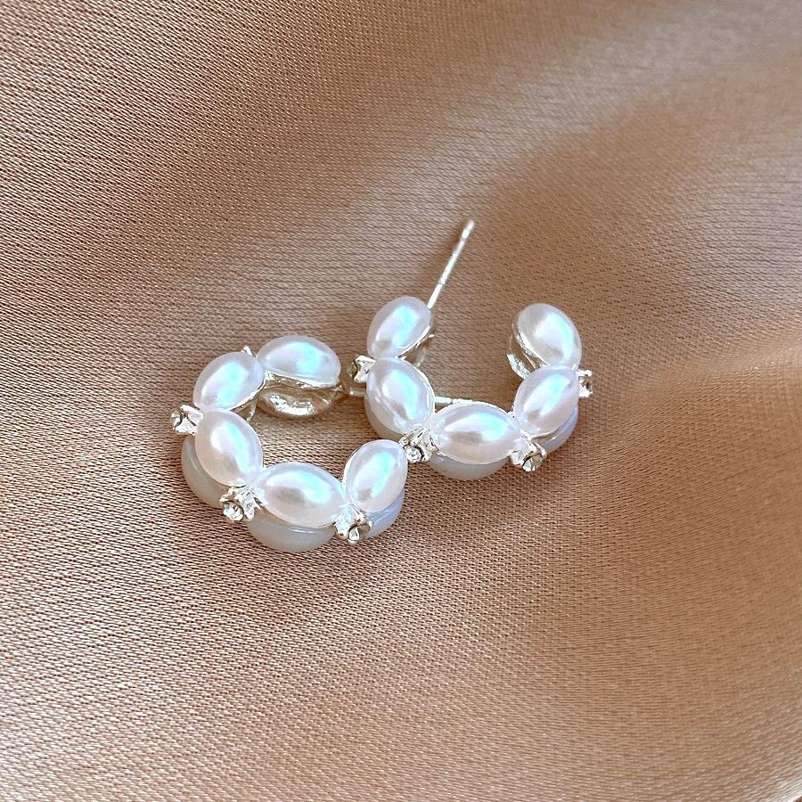 Korean temperament simple diamond-set C-shaped pearl earrings stud earrings versatile earrings women