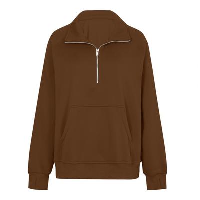 Women Fall Winter Sweatshirt Lapel Zipper Half Placket Long Sleeve Front Pocket Pullover Tops Solid Color Loose Fit Sport Sweats