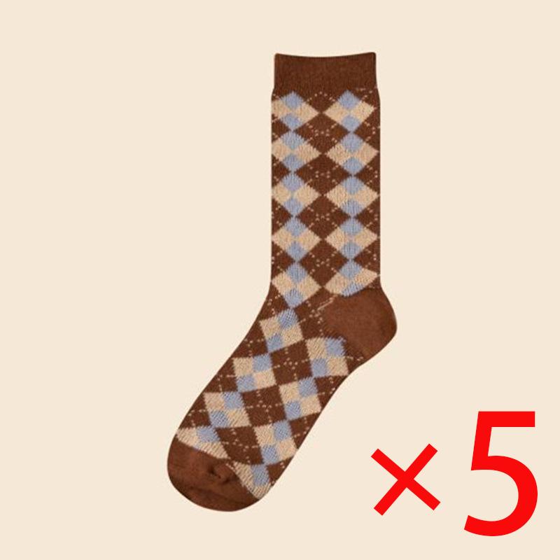 5 Pairs Women Winter Socks Fashion Thickened Warm Socks Retro Grid Middle Tube Girls Socks