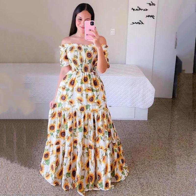 New spring and summer women's dress one-word shoulder floral fashion off-the-shoulder long printed dress