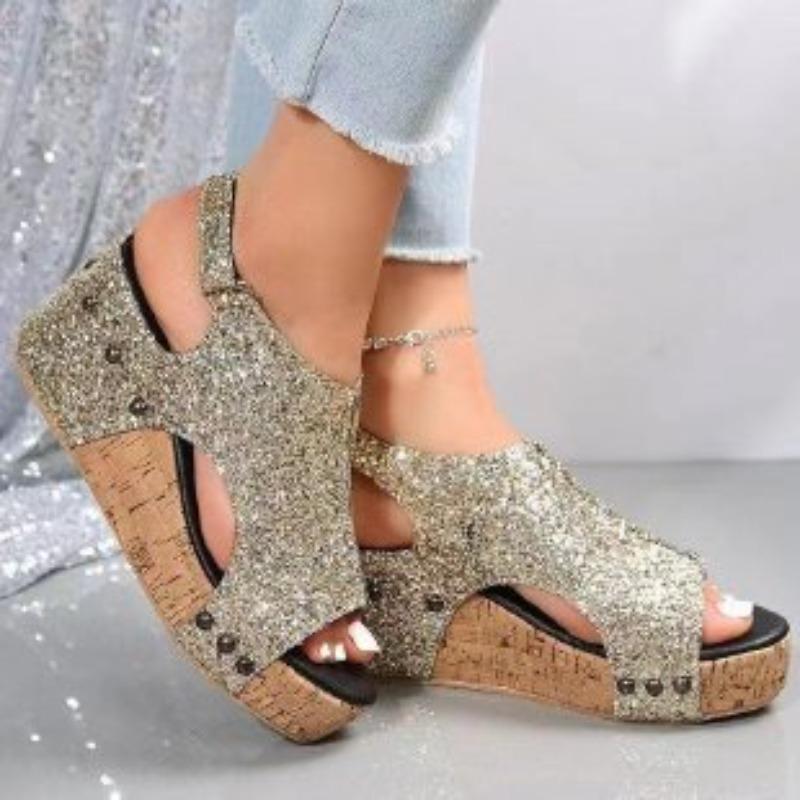 Women's Plus Size Sequin Gladiator Sandals Flat Wedge Thick Sole Peep Toe Shoes