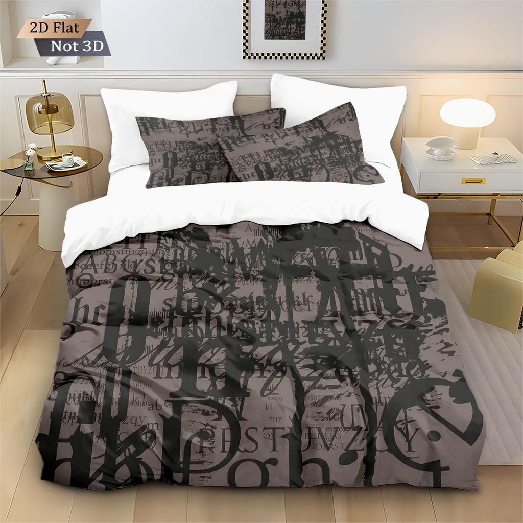 3pcs English Letter Garbled Printed Coreless Down Duvet Cover Set Comfortable Bedroom Bedding Decoration Machine Washable