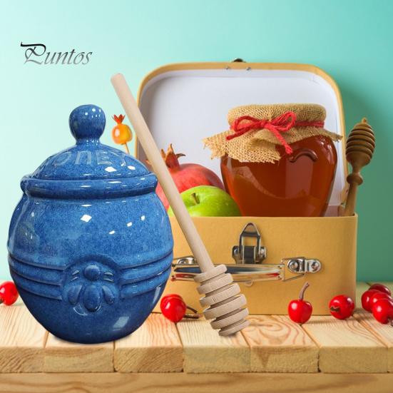 350ml Ceramic Honey Jar Farmhouse Honey Pot with Wood Honey Dipper Stick Retro Honey Dispenser Kitchen Decor for Mother's Day Wife Gift