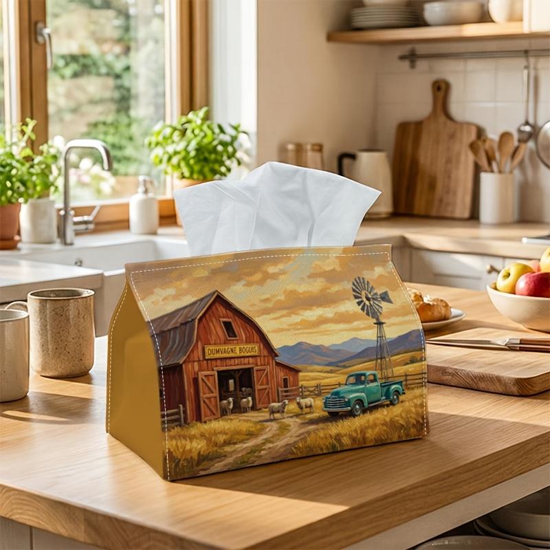 1pc Western Rustic Tissue Box - Multi-Functional Napkin Dispenser, Two Sizes Available Made of Durable Polyester, Decorated with Farm Barn Truck Lands