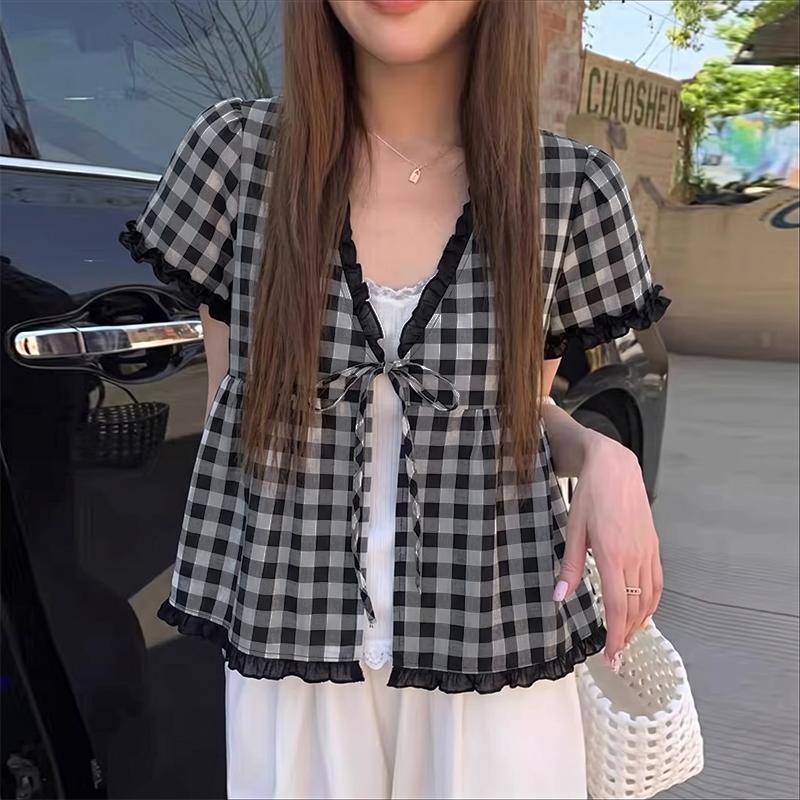 ZANZEA Women Elegant Lace-Up V-Neck Plaid Print Casual Short Sleeve Cardigan Blouse M чёрный