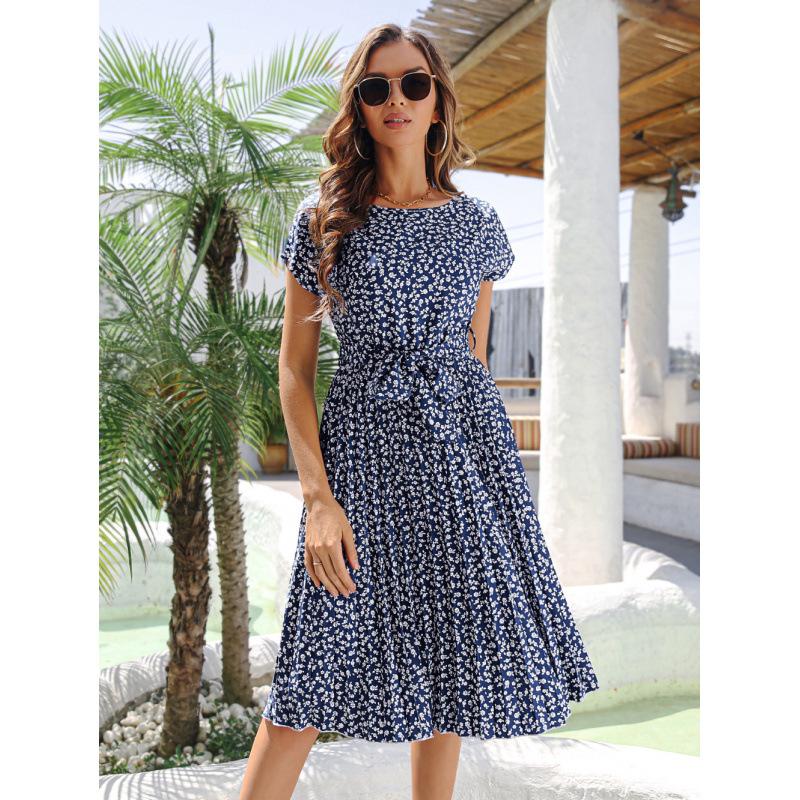 Femei Primavara Vara Maneca Scurta Talie Inalta Rochie Chic Moda Floral Plis A Line Rochie Lunga