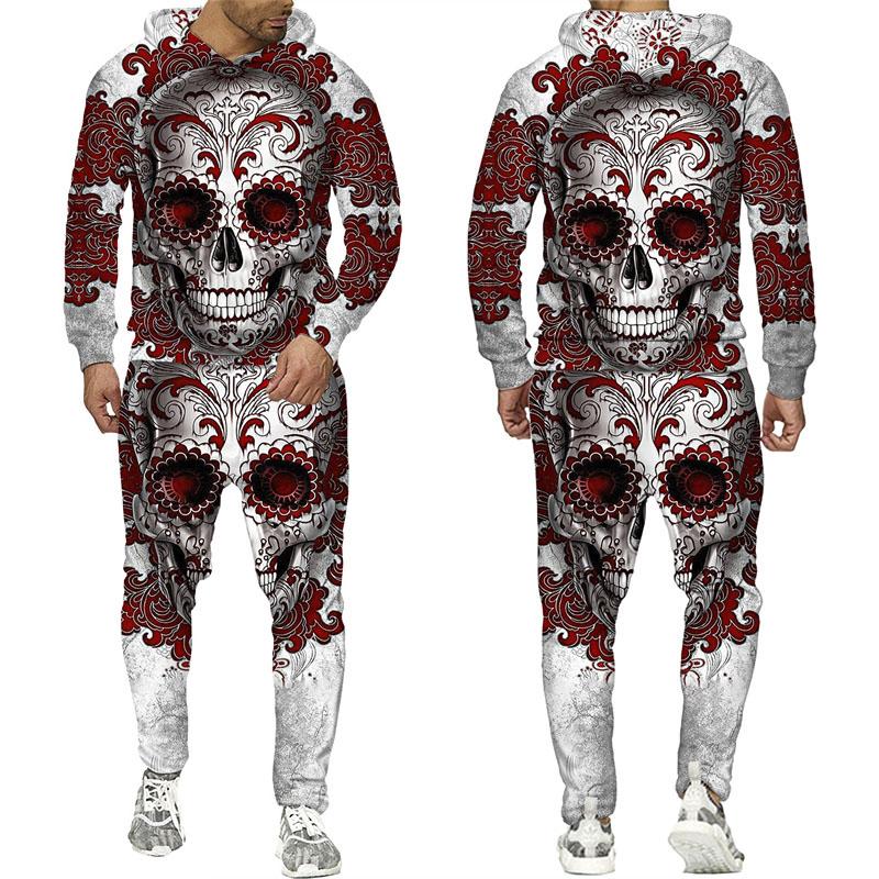 Noutate Skull Flower 3D Printed Trening Set 2 piese Hanorac cool pentru bărbați + Pantaloni Costum de jogging Unisex Hip Hop Casual Street Clothing