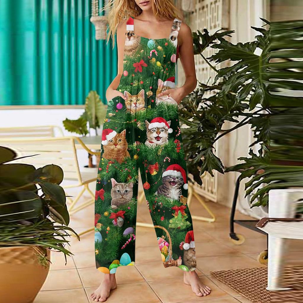 Women's Casual Christmas Printed Jumpsuit Sleeveless Printed Cotton Jumpsuit
