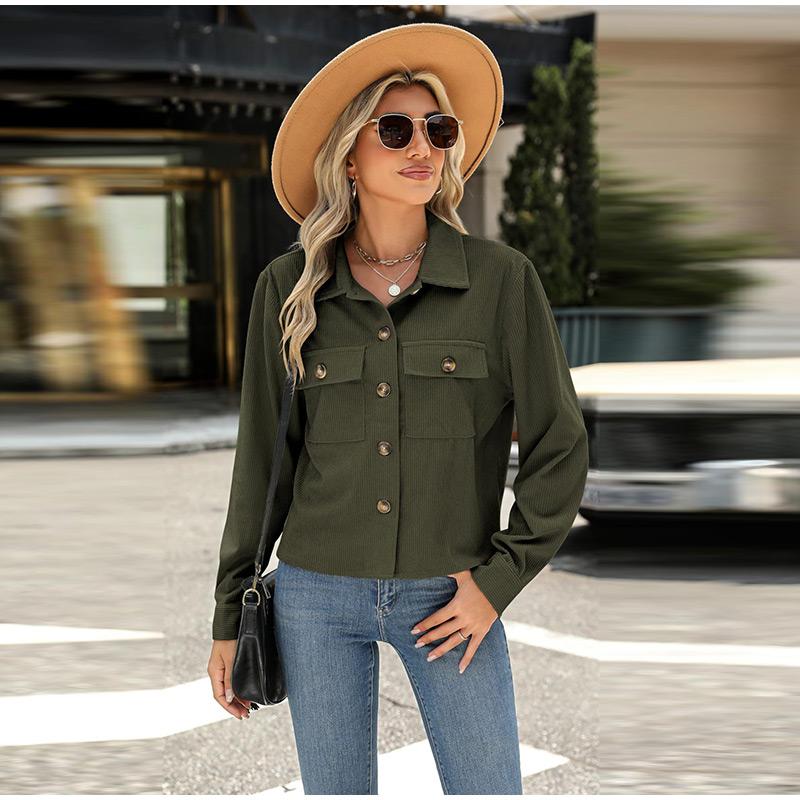 Autumn Women Fashion Casual Coat Button Down Tops Solid Turn-down Collar Long Sleeve Office Lady Crop Jackets
