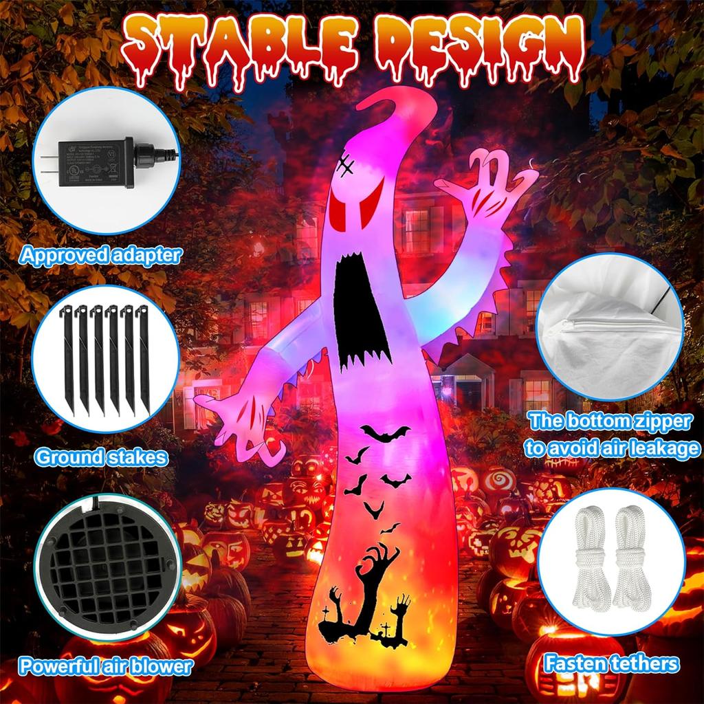 JOYFY 12Ft Giant Ghost Halloween Inflatable Outdoor Decorations with Colorful Flashing Flame Light for Garden/Home/Holiday/Party