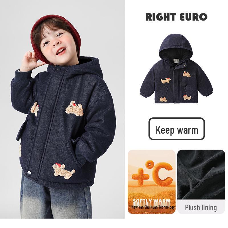 

2025 New Boys Thickened Fleece-Lined Denim Hooded Jacket - Winter Toddler Clothing 130 cm темно-синього кольору