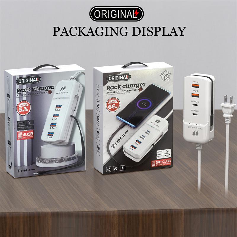 66W PD Fast Charging Wall USB Chargers USB Hub Adapter 4 Ports USB Type C EU US UK Plug Extension Type C Cable Socket Outlet