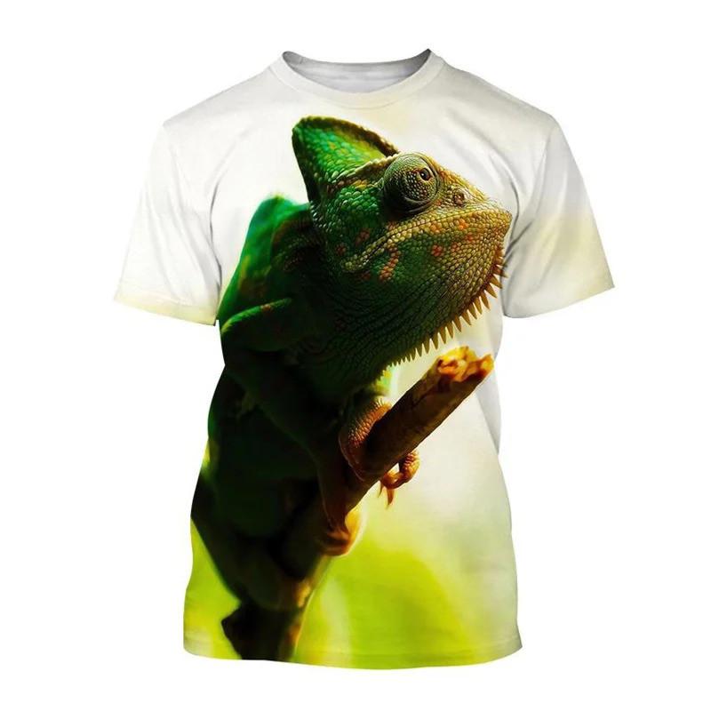 Kids 3D Printed Chameleon Lizard Round Neck Short Sleeve Tees Trendy Casual Tops For Daily Outdoor Play And Relaxing Summer Street Occasions