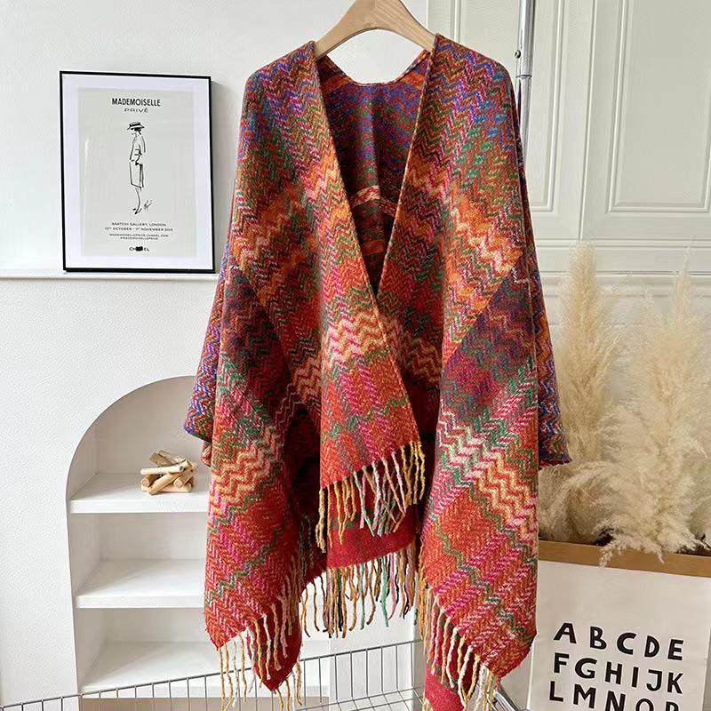 Ethnic Style Wave Pattern Long-Sleeve Knitted Shawl for Women - Warm for Autumn/Winter Travel