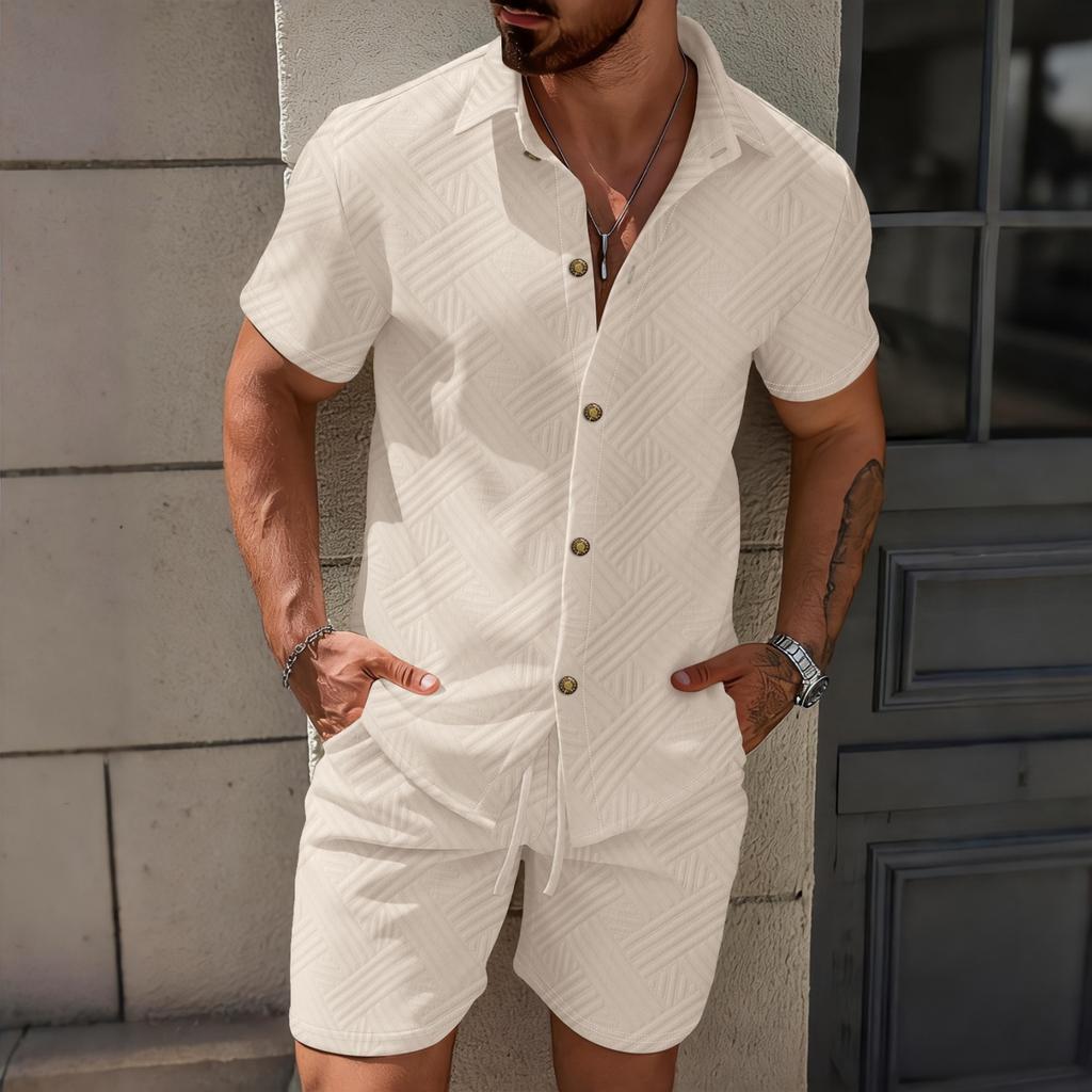 Men's Color Collared Cardigan Short-sleeve Shirt And Shorts Casual Set