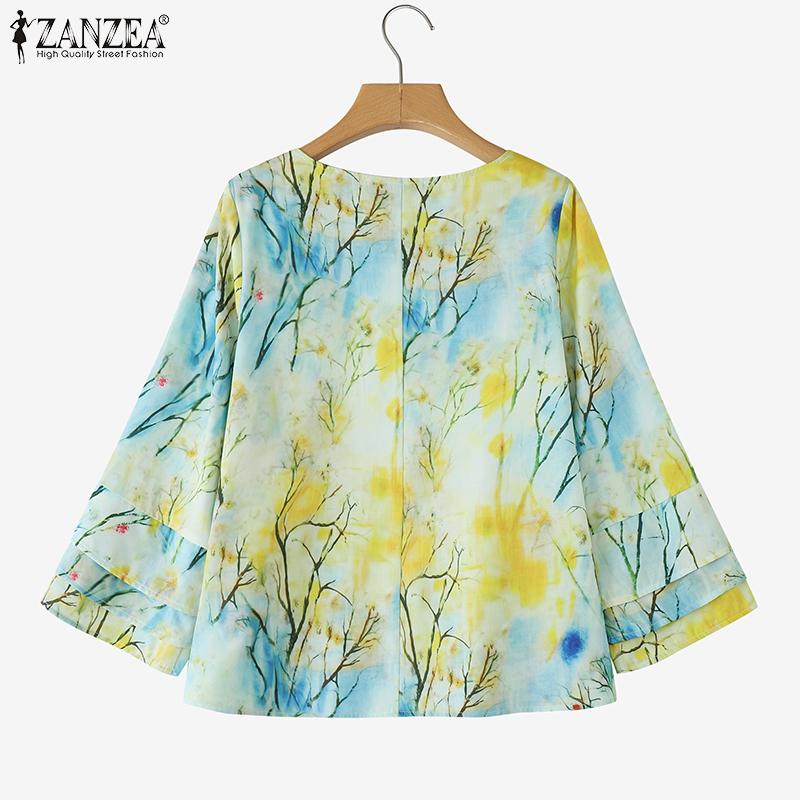 ZANZEA Women Casual Round Neck Loose 3/4 Sleeve Print Blouse