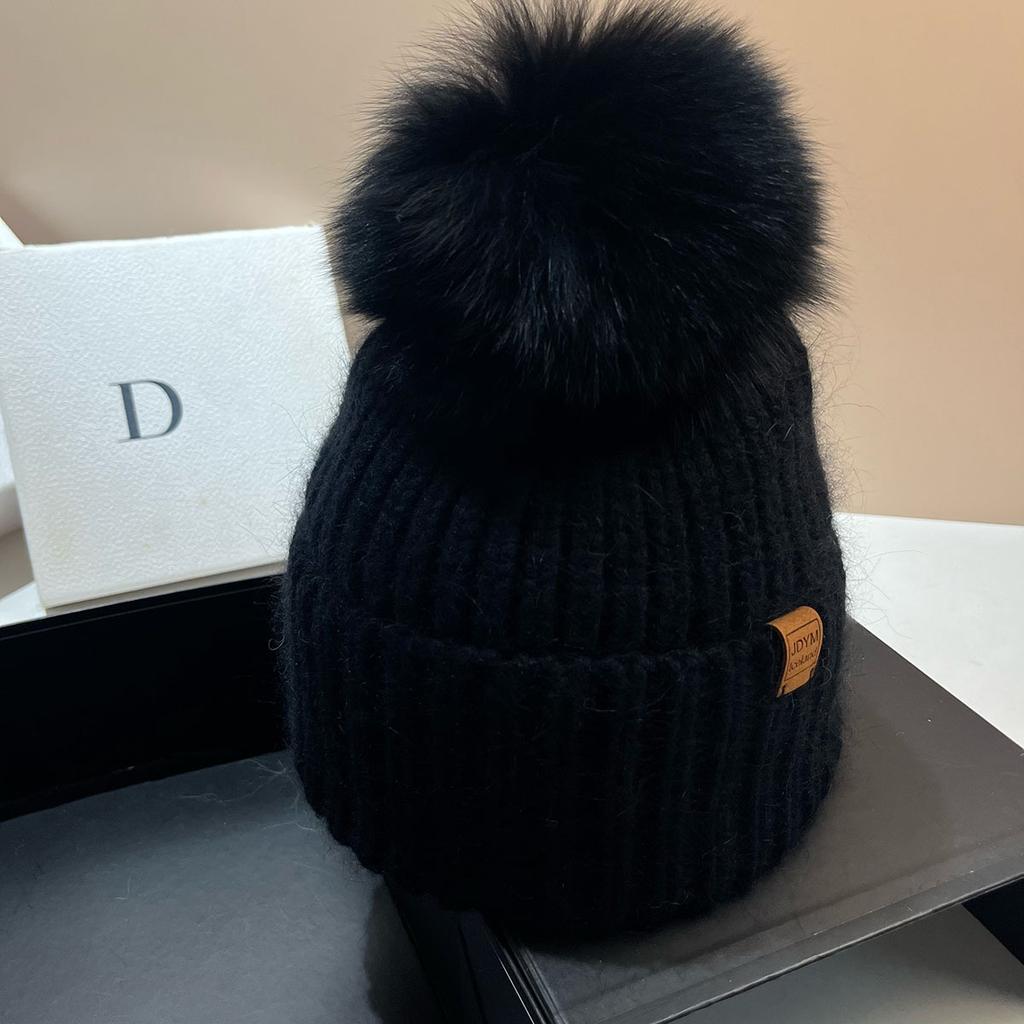 Flowers and Junior Star Rabbit Hair Knitted Hat Icelandic Fox Hairball Ear Protector Winter Thickened Warm Wool Hat