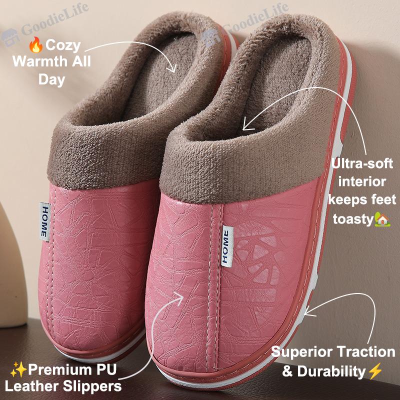 New Winter Couple Slippers  PU Leather Indoor Anti Slip Warm House Shoes