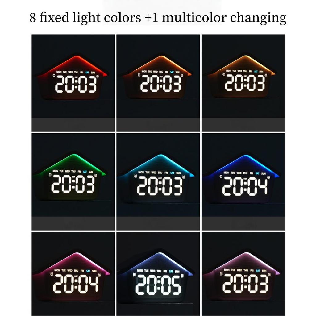 LED Digital Alarm Clock House Shaped Week Date Brightness Adjustment 2 Alarms Silent DST Snooze Table Clock with Ambient Light