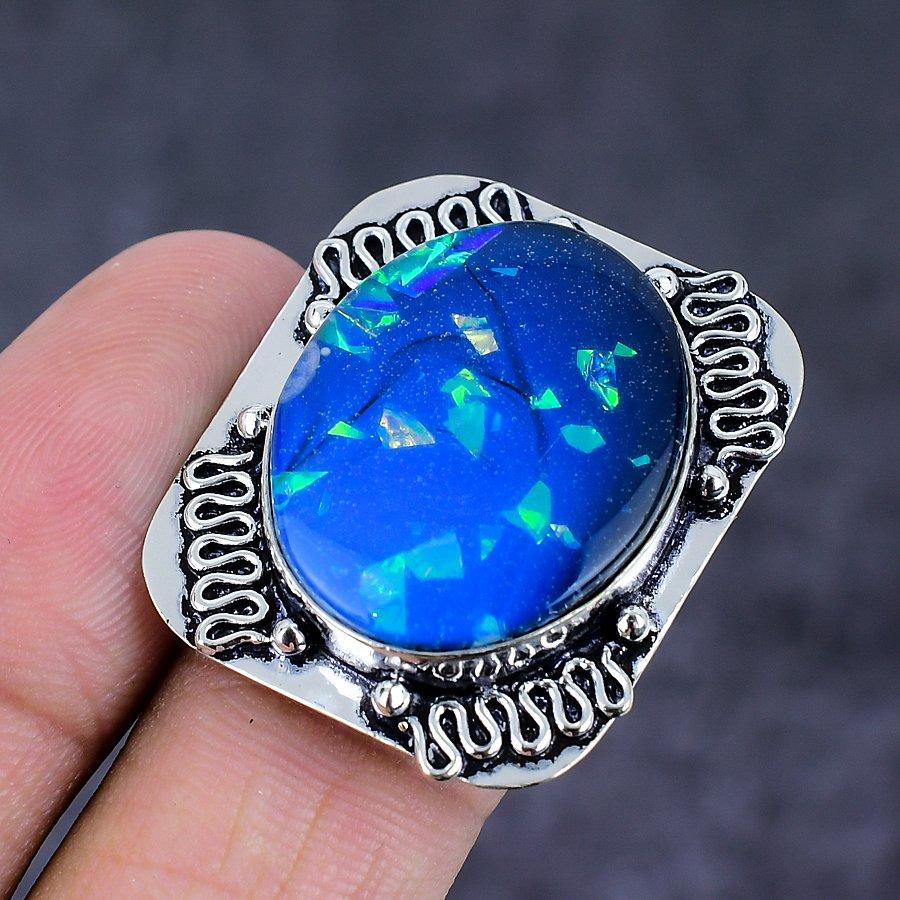 Natural Blue Triplet Opal 925 Sterling Silver Jewelry Ring Size 9.5 H5u49