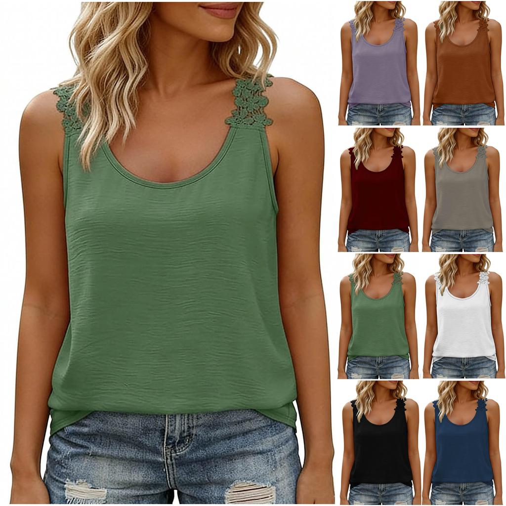 Canotta da donna senza maniche con scollo rotondo e bordo smerlato, casual, vestibilità larga, camicia leggera