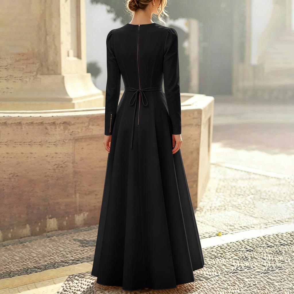 Damen Farb-Langarm-Rundhals-Kleid mit Reißverschluss am Rücken für den Herbst Elegant