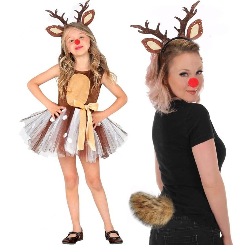 Christmas Deer Costume for Women Girl Christmas Deer Ear Headband Deer Tail Nose Skirt Halloween Amimal Outfit Accessory